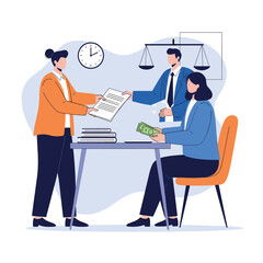 Legal professionals are reviewing documents and discussing financial agreements with clients.