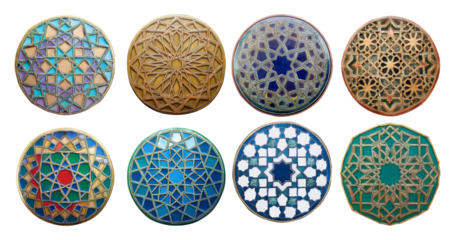 Vibrant Geometric Patterns in Decorative Round Tiles from Various Cultures, isolated on transparent background