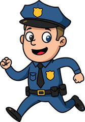 Cartoon policeman character running, happy police officer illustration, law enforcement design, justice protection, cartoon security guard, patrol man vector art, authority figureCartoon policeman 