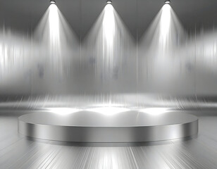 Obraz premium Illuminated silver podium with spotlights on a reflective surface, perfect for awards or product displays