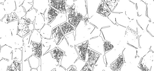 Geometric shapes with black outlines and textured fillings are scattered against a bright white backdrop, creating a visual pattern emphasizing angular forms and contrasting elements