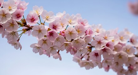 Obraz premium Prunus serrulata cherry blossom branch against soft blue sky, pink spring flowers in bloom, delicate floral background, sakura tree and seasonal nature concept