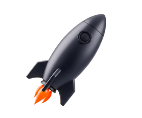 A sleek black rocket ship blasting off with fiery exhaust, isolated on transparent background