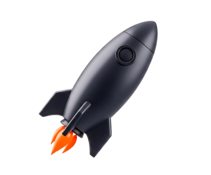 A sleek black rocket ship blasting off with fiery exhaust, isolated on transparent background