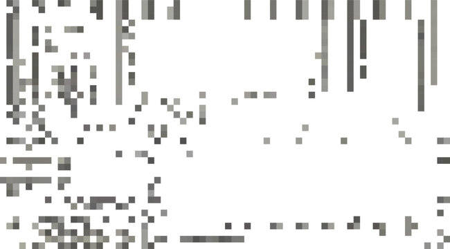 Pixelated grey patterns with blocky shapes are scattered across a white backdrop, creating an abstract digital art piece perfect for technology or modern background designs