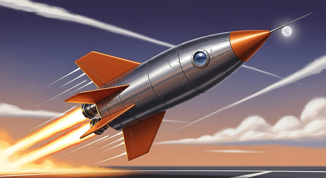 Retro silver and orange rocket ship soaring through a cloudy sky at sunset