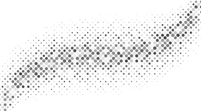 Halftone pattern gracefully curves across a stark white background, showcasing a gradient of gray circles that create a modern and dynamic visual texture