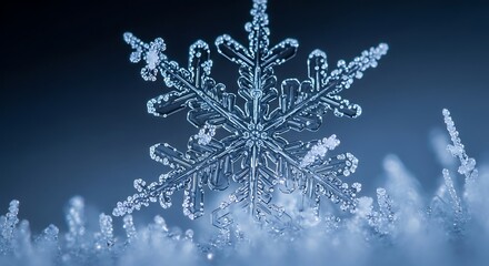 Macro Shot of Intricate Snowflake with Delicate Ice Crystals on Dark Blue Background