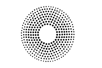 Abstract halftone pattern creating optical illusion of movement in black circle shape, transparent background