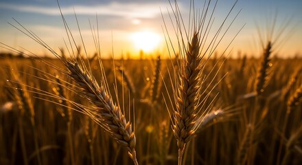 Obraz premium Triticum aestivum (wheat ears) golden field under warm sunset light, ripe cereal crops, natural farmland landscape, harvest season and rural agriculture concept