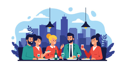 Obraz premium Adobe illustrator artwork vector illustration of four friends enjoying a meal and drinks at a restaurant, perfect for depicting social gatherings, dining, and leisure.