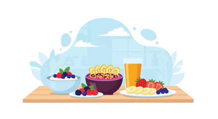 Adobe illustrator artwork vector illustration of a healthy and delicious breakfast spread, perfect for wellness, food blogs, and nutritional content. This SEO-friendly graphic highlights a balanced me