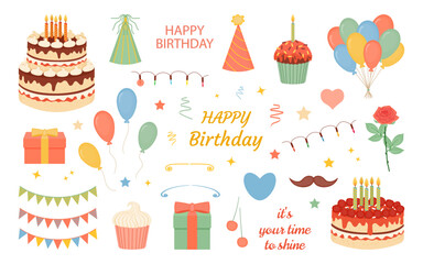 Set of birthday icons isolated on white background. Vector illustration. Close-up festive elements for decorating invitations and party designs. Cake, cupcake, and balloons. Gift box and garland flags