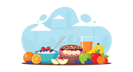 Adobe illustrator artwork vector illustration of a healthy and delicious breakfast spread, perfect for wellness, food blogs, and nutritional content. This SEO-friendly graphic highlights a balanced me
