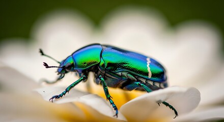 Iridescent Metallic Green and Blue Beetle Insect on White Flower Macro Shot