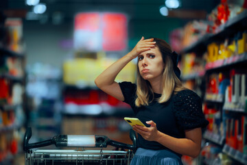 Woman Checking Shopping List on her Phone Forgetting Something. Person remembering what she forgot...