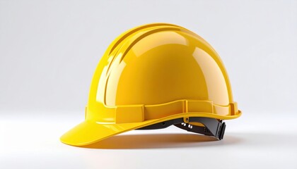Fototapeta premium A bright yellow hard hat positioned on a clean white background for safety and construction themes.