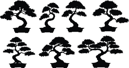 Collection of bonsai tree silhouette illustration, miniature decorative plants, traditional Japanese art design, black shadow style, natural zen garden decoration