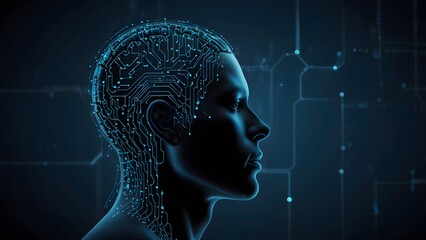 Obraz premium Abstract representation of a human head with integrated glowing circuit board patterns on a dark blue background. Technology concept