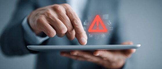 Professional Businessman Analyzing Digital Risk and Strategic Data Overlays on Tablet Modern Corporate Control for Confident Investment Management