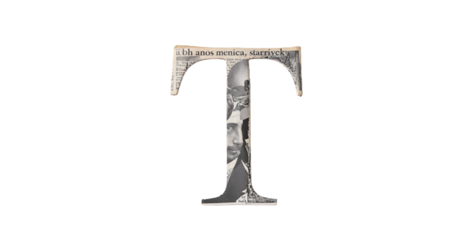 Letter T formed from newspaper cutout on white background