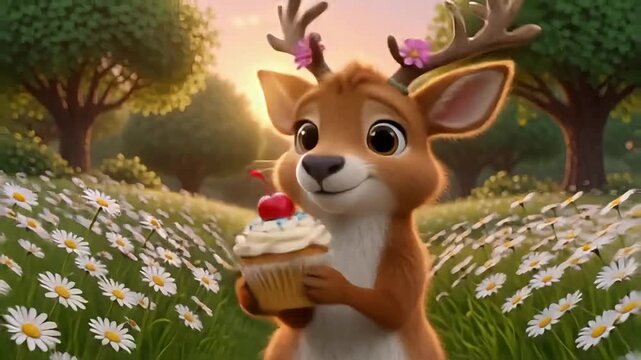 Adorable cartoon deer enjoying a delicious cupcake with a cherry in a whimsical meadow with flowers, perfect for children's content and sweet moments