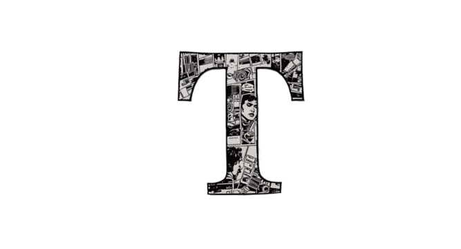 Letter T with Comic Book Imagery on White Background
