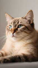 A cute, close-up portrait of a beautiful domestic white cat with bright eyes and furry whiskers