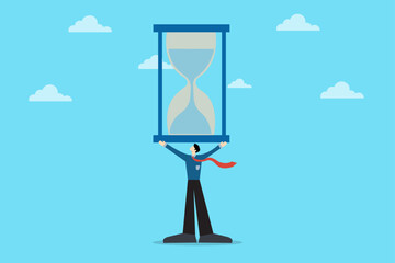 Vector illustration of a businessman holding a giant hourglass, representing time management, productivity, and deadline control.