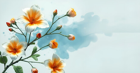 white and orange digital hd medium size flowers and buds to dark green branch on light blue ink splash, Generative AI