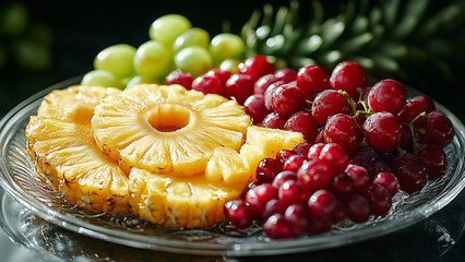 Fresh pineapple rings and grapes on glass plate