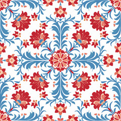 Fototapeta premium A seamless Turkish Iznik floral tile pattern with elegant blue and red blossoms. Perfect for textiles, wallpapers, and cultural decorative branding.