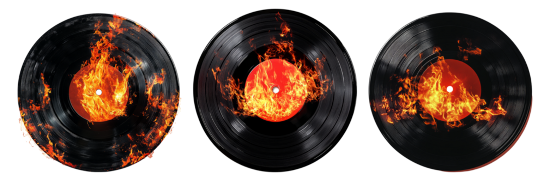Flaming Vinyl Records in Fiery Glow with Bright Red Center, PNG bundle collection, Isolated on Transparent Background