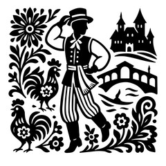 Folk dancer by castle papercut European heritage silhouette ornate frame