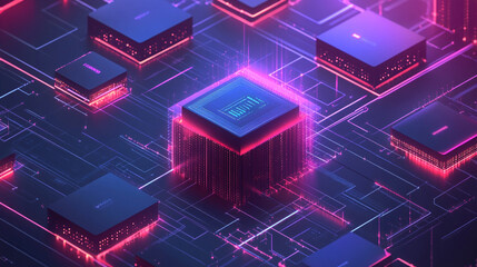 Abstract isometric user interface design with glowing digital blocks on a minimal background, representing business systems, global networks, big data, and smart app concepts in 3D.
