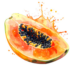 Watercolor illustration of a fresh ripe papaya half with seeds and a vibrant juice splash.