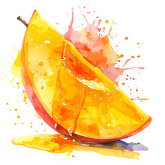 Watercolor Mango Slice with Juice Drips and Splashes.