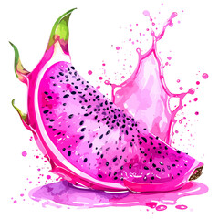 Vibrant watercolor dragon fruit slice with juicy pink splash.