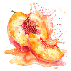 Juicy ripe peach fruit cut in half with a splash of juice watercolor illustration.