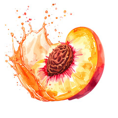 Watercolor Peach Slice with Splash, Fresh and Juicy Fruit Art.