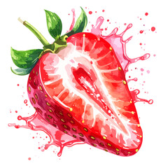 Watercolor painting of a juicy strawberry cut in half with splashes.