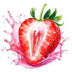 Juicy Strawberry Half Splashing in Pink Liquid.