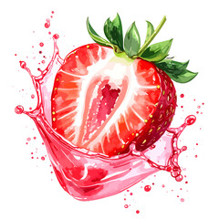 Watercolor Strawberry Slice with Juice Splash - A Vibrant and Refreshing Illustration.
