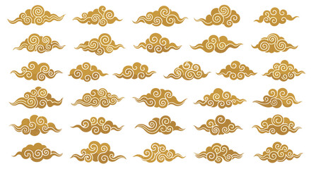 A collection of abstract golden swirling cloud illustrations.