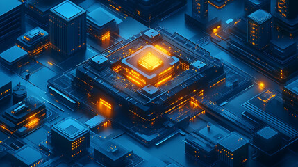 Abstract isometric user interface design with glowing digital blocks on a minimal background, representing business systems, global networks, big data, and smart app concepts in 3D.
