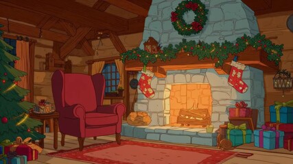 Cozy cartoon-style Christmas fireplace scene with stockings and gifts - Powered by Adobe
