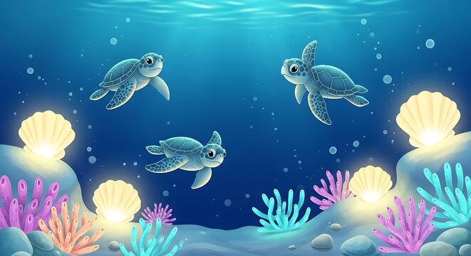 Three Adorable Baby Sea Turtles Swimming in a Vibrant Underwater Scene