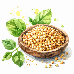 Wooden bowl filled with mustard seeds and fresh green leaves.