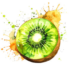 Vibrant watercolor painting of a fresh kiwi fruit slice.
