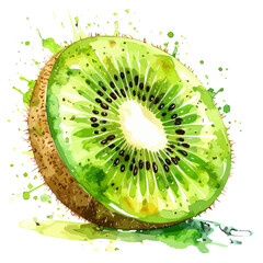 Watercolor painting of a fresh kiwi fruit cut in half showing the juicy green flesh.